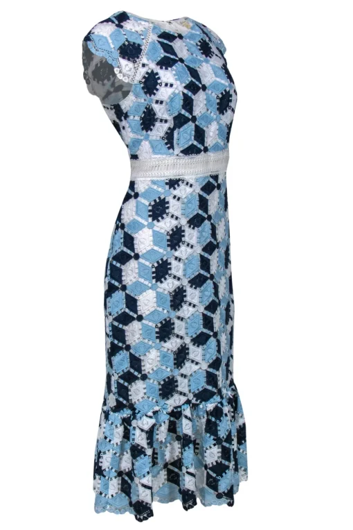 Shoshanna - Blue & White Embroidered Cap Sleeve Midi Dress w/ Flounce Hem Sz 10