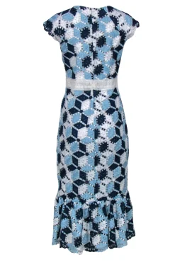 Shoshanna - Blue & White Embroidered Cap Sleeve Midi Dress w/ Flounce Hem Sz 10