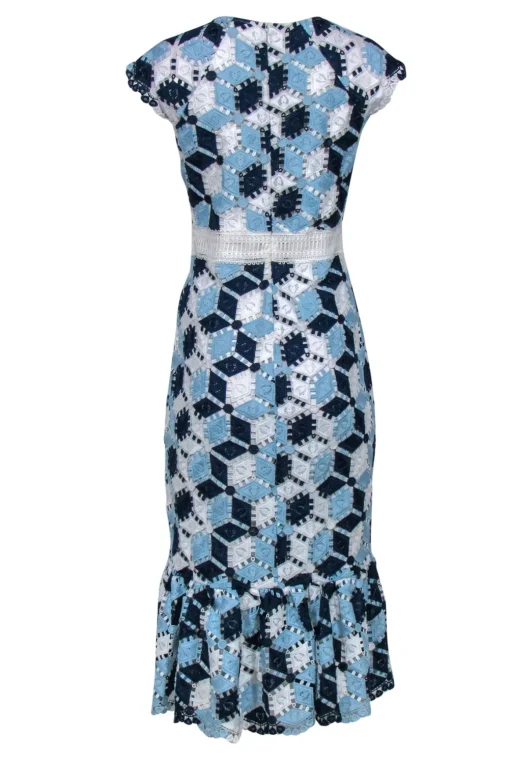 Shoshanna - Blue & White Embroidered Cap Sleeve Midi Dress w/ Flounce Hem Sz 10
