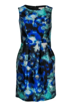 Shoshanna - Blue, Black & Green Watercolor Print Fit & Flare Dress Sz 4