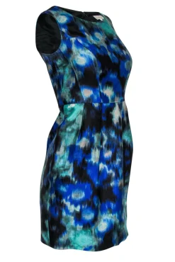 Shoshanna - Blue, Black & Green Watercolor Print Fit & Flare Dress Sz 4