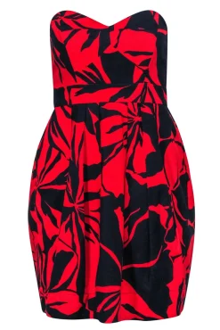 Shoshanna - Navy & Red Floral Print Cotton Strapless Dress Sz 2