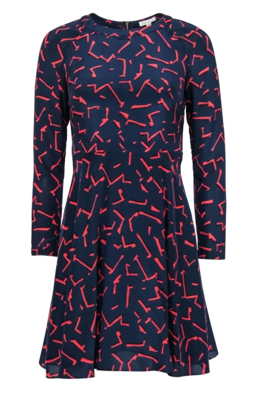 Shoshanna - Navy & Red Silk Printed Long Sleeve Mini Dress Sz 0