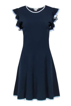 Shoshanna - Navy Knit Ruffled Sleeve Dress w/ Piping Sz L