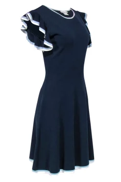Shoshanna - Navy Knit Ruffled Sleeve Dress w/ Piping Sz L