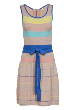 Shoshanna - Nude & Pastel Knit Stripe Fit & Flare Dress w/ Tie Sz S