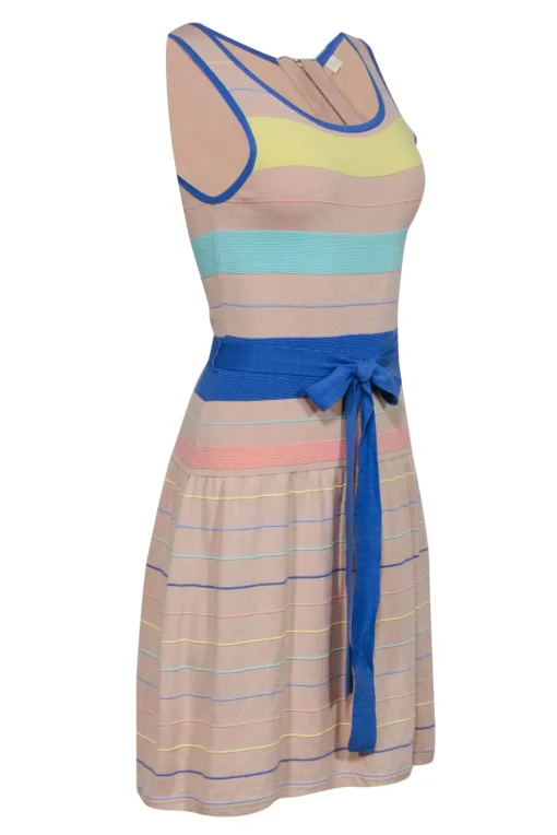Shoshanna - Nude & Pastel Knit Stripe Fit & Flare Dress w/ Tie Sz S