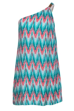 Shoshanna - Turquoise & Pink Abstract Print One Shoulder Shift Dress Sz 8
