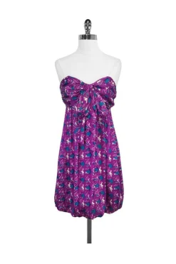 Shoshanna - Violet & Teal Print Silk Strapless Dress Sz 4