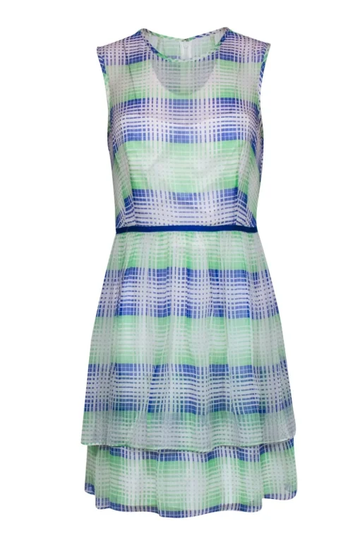 Shoshanna - White, Blue & Neon Green Grid Pattern Silk Dress Sz 6