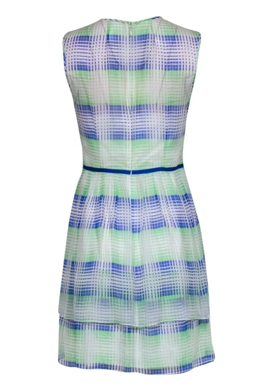 Shoshanna - White, Blue & Neon Green Grid Pattern Silk Dress Sz 6