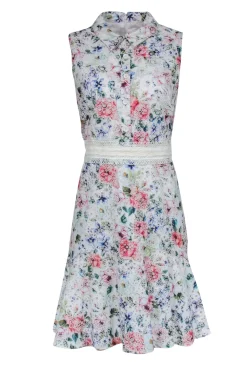 Shoshanna - White Floral & Eyelet Embroidered Collared Shirtdress w/ Lace Belt
