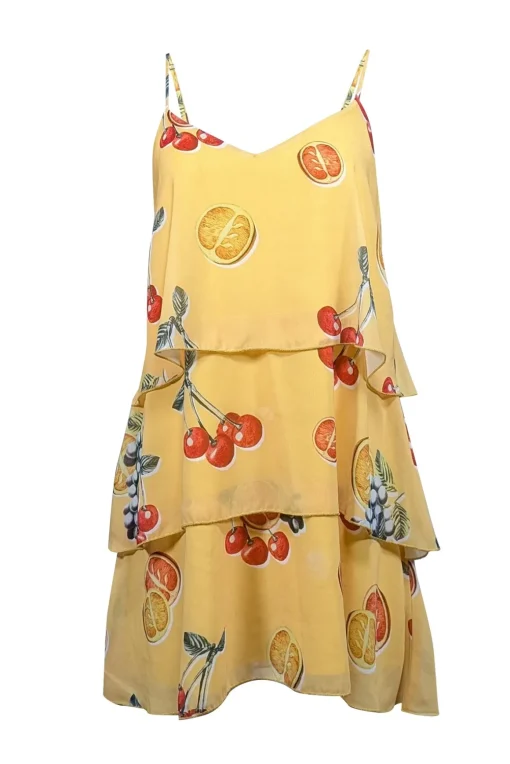 Show Me Your Mumu - Yellow Fruit Print Tiered Mini Dress Sz L