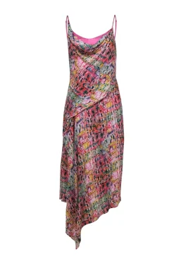 Sies Marjan - Pink, Blue & Red Snakeskin Print Midi Dress w/ Asymmetric Hem Sz 4