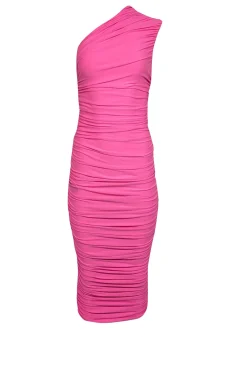 Solace London - Pink Ruched Crepe One Shoulder Midi Dress Sz 2