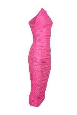 Solace London - Pink Ruched Crepe One Shoulder Midi Dress Sz 2