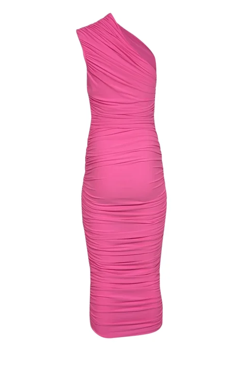Solace London - Pink Ruched Crepe One Shoulder Midi Dress Sz 2