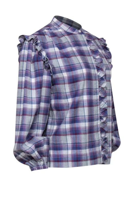 Something Navy - Purple, White & Maroon Plaid Balloon Sleeve Ruffled Flannel Sz S