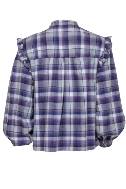 Something Navy - Purple, White & Maroon Plaid Balloon Sleeve Ruffled Flannel Sz S