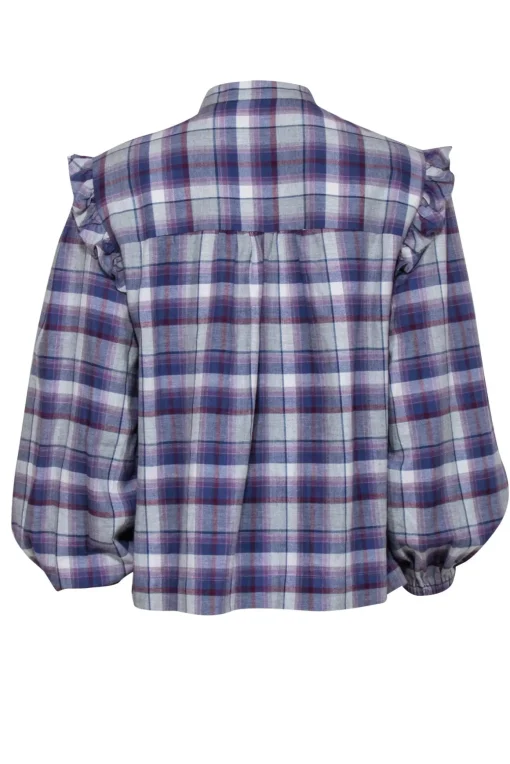 Something Navy - Purple, White & Maroon Plaid Balloon Sleeve Ruffled Flannel Sz S
