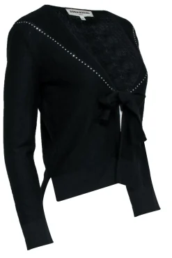 Sonia Rykiel - Black Rhinestone Trim Tie Front Cardigan Sz 10