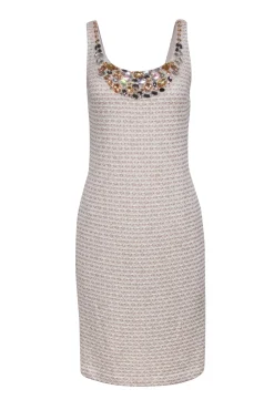 St. John - Beige, Salmon, & Gold Tweed Dress w/ Jeweled Neckline Sz 8