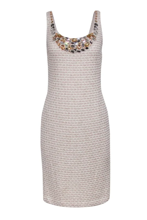 St. John - Beige, Salmon, & Gold Tweed Dress w/ Jeweled Neckline Sz 8