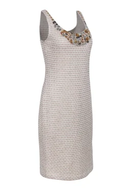 St. John - Beige, Salmon, & Gold Tweed Dress w/ Jeweled Neckline Sz 8