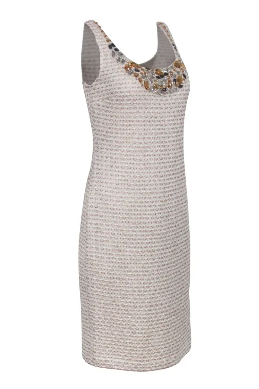St. John - Beige, Salmon, & Gold Tweed Dress w/ Jeweled Neckline Sz 8