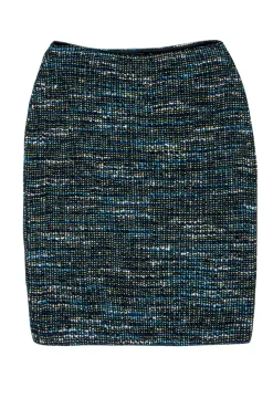 St. John - Black & Blue Textured Tweed Pencil Skirt Sz 6