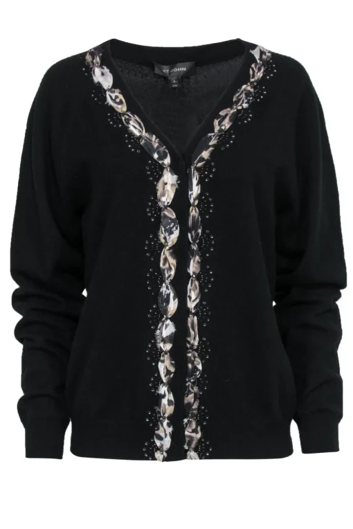 St. John - Black Cashmere Cardigan w/ Printed Silk Trim Sz XL
