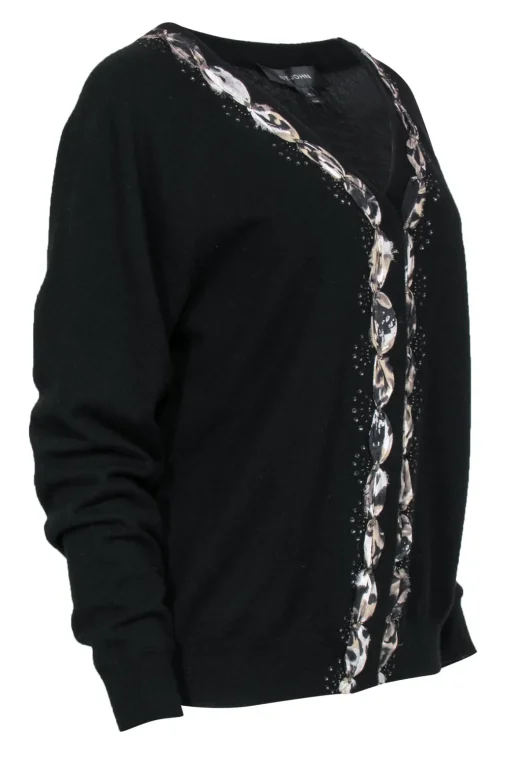 St. John - Black Cashmere Cardigan w/ Printed Silk Trim Sz XL
