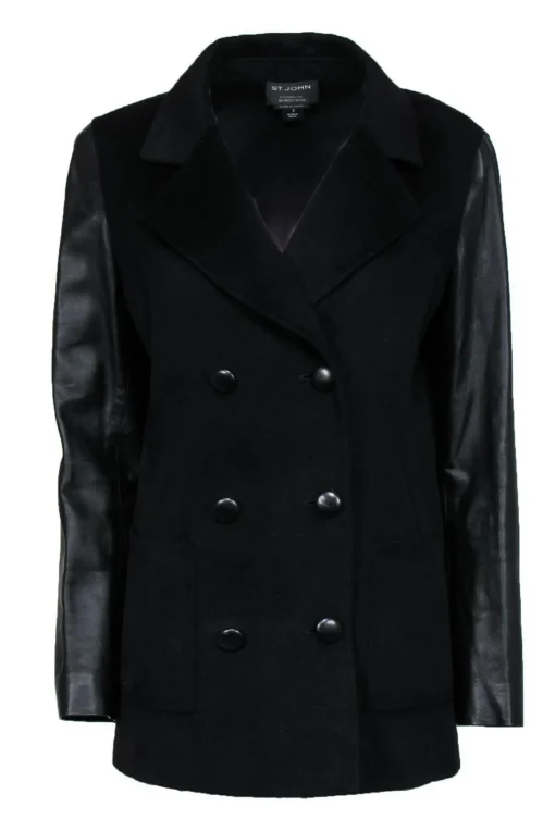 St. John - Black Double Breasted Wool Blend Jacket w/ Leather Sleeves Sz 8