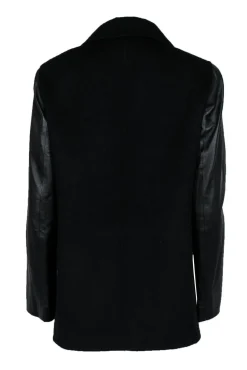 St. John - Black Double Breasted Wool Blend Jacket w/ Leather Sleeves Sz 8