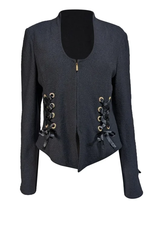 St. John - Black Knit Jacket w/ Embellished Ribbon Detail Sz 10