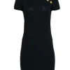 St. John - Black Knit Sheath Dress w/ Mandarin Collar & Gold Buttons Sz 6