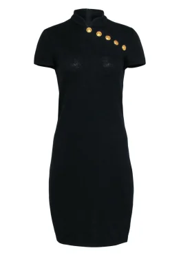 St. John - Black Knit Sheath Dress w/ Mandarin Collar & Gold Buttons Sz 6