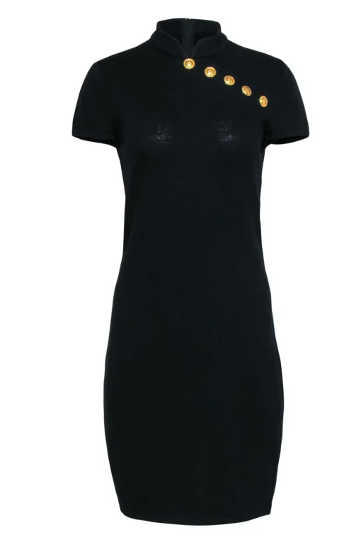 St. John - Black Knit Sheath Dress w/ Mandarin Collar & Gold Buttons Sz 6