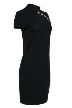 St. John - Black Knit Sheath Dress w/ Mandarin Collar & Gold Buttons Sz 6