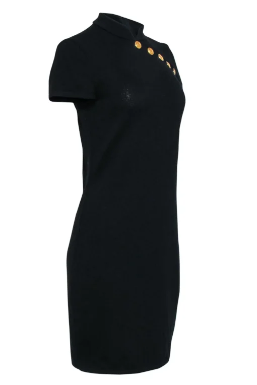 St. John - Black Knit Sheath Dress w/ Mandarin Collar & Gold Buttons Sz 6