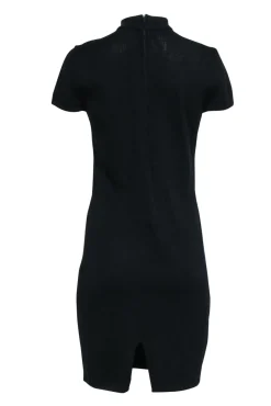 St. John - Black Knit Sheath Dress w/ Mandarin Collar & Gold Buttons Sz 6