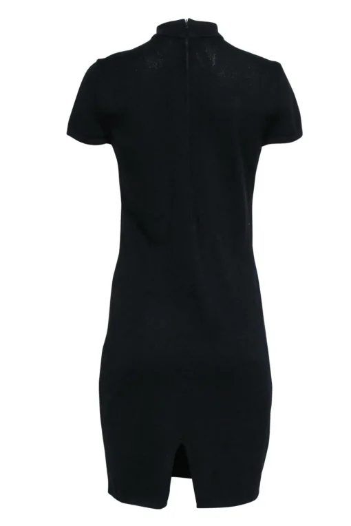St. John - Black Knit Sheath Dress w/ Mandarin Collar & Gold Buttons Sz 6