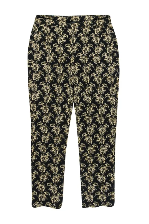 St. John - Black Knit Tapered Leg Pants w/ Gold Flowers Sz 4