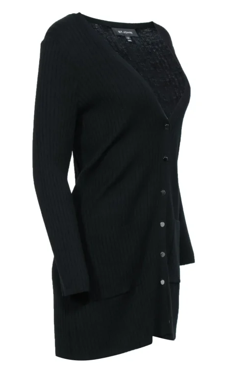 St. John - Black Ribbed Knit Longline Cardigan w/ Buttons Sz M
