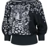St. John - Black w/ White Leopard Face & Print Knit Top Sz S