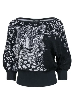 St. John - Black w/ White Leopard Face & Print Knit Top Sz S