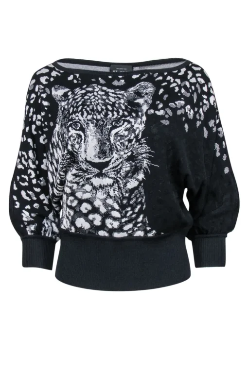 St. John - Black w/ White Leopard Face & Print Knit Top Sz S