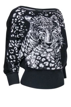 St. John - Black w/ White Leopard Face & Print Knit Top Sz S