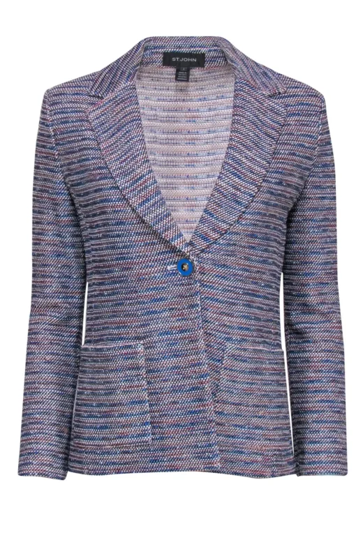 St. John - Blue & Pink Marbled Textured Knit Single Button Blazer Sz 2