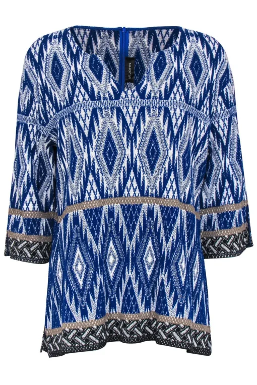 St. John - Blue, White & Gold Print Long Sleeve Knit Top Sz M